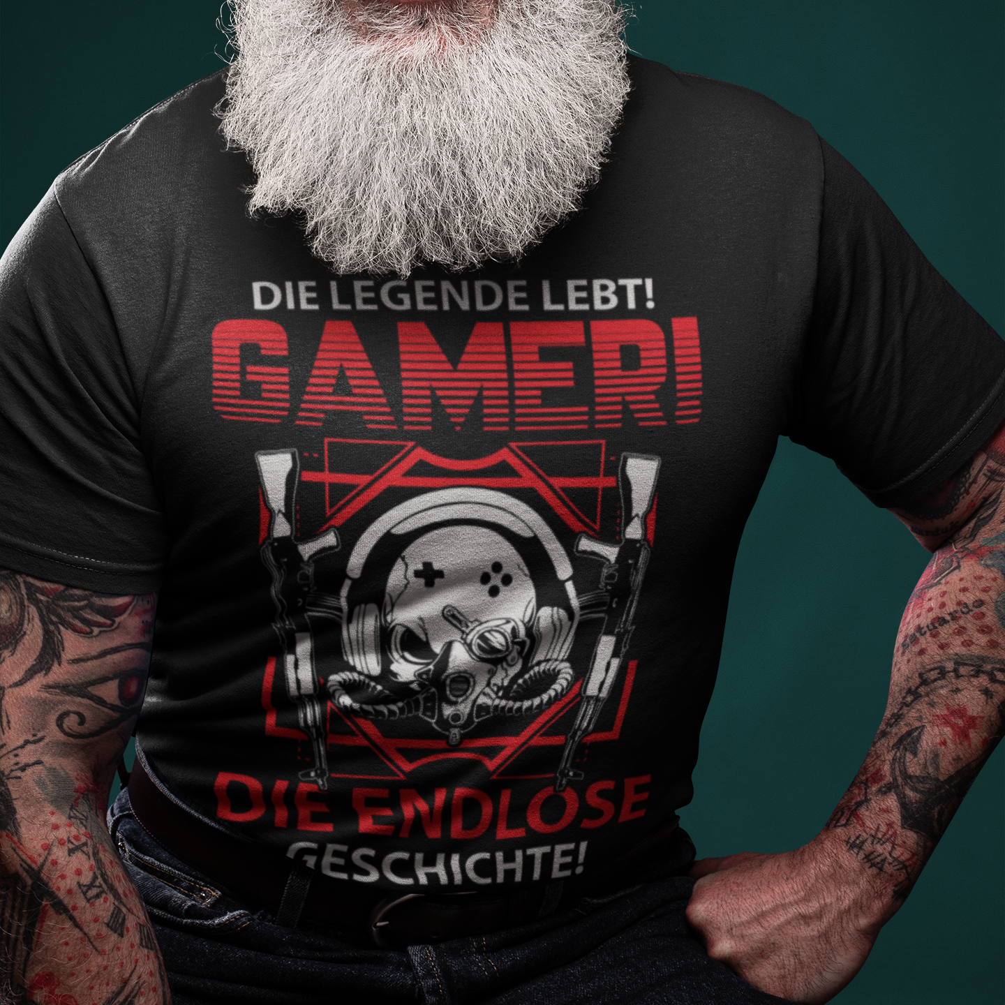 Zocker Shirt Herren – Die endlose Geschichte – Shooter Gamer Motiv mit Gasmaske