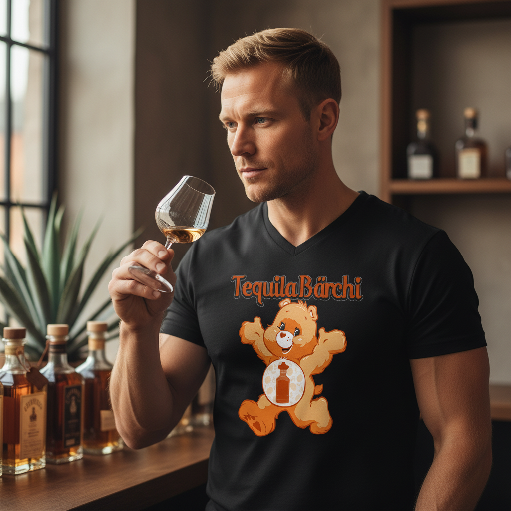 Glücksbärchi Tequila V-Neck bei edler Spirituosen-Verkostung mit Nosing-Glas und Agave-Deko