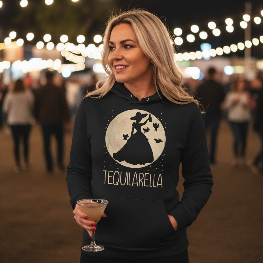 Eine Frau trägt den Tequilarella Party Hoodie beim Festival outdoor und tanzt mit Cocktail