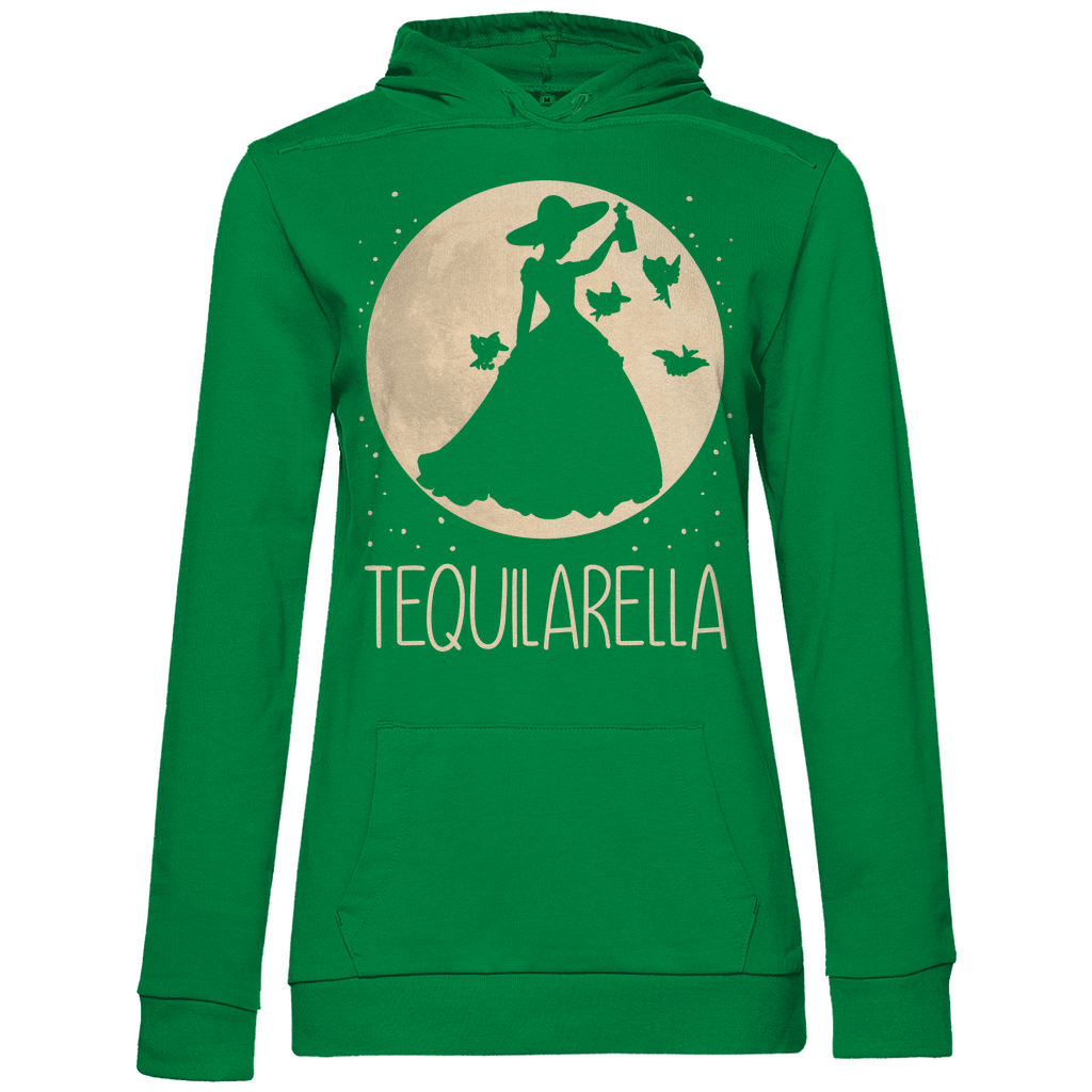 Kellygrüner Hoodie Damen mit Tequilarella Motiv und Prinzessin Silhouette witzig, Frontansicht