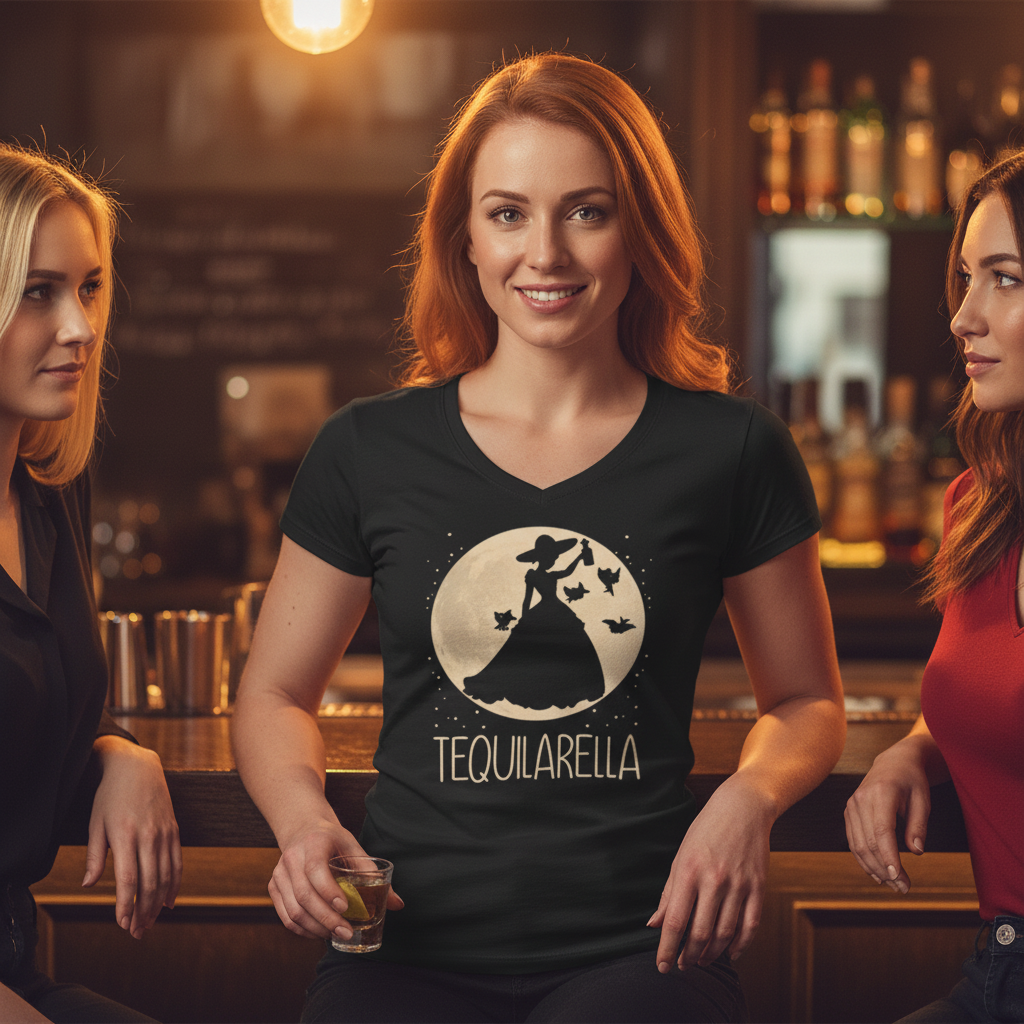 Eine Frau trägt das Tequilarella Shirt in einer Cocktail-Bar und hält einen Tequila-Shot