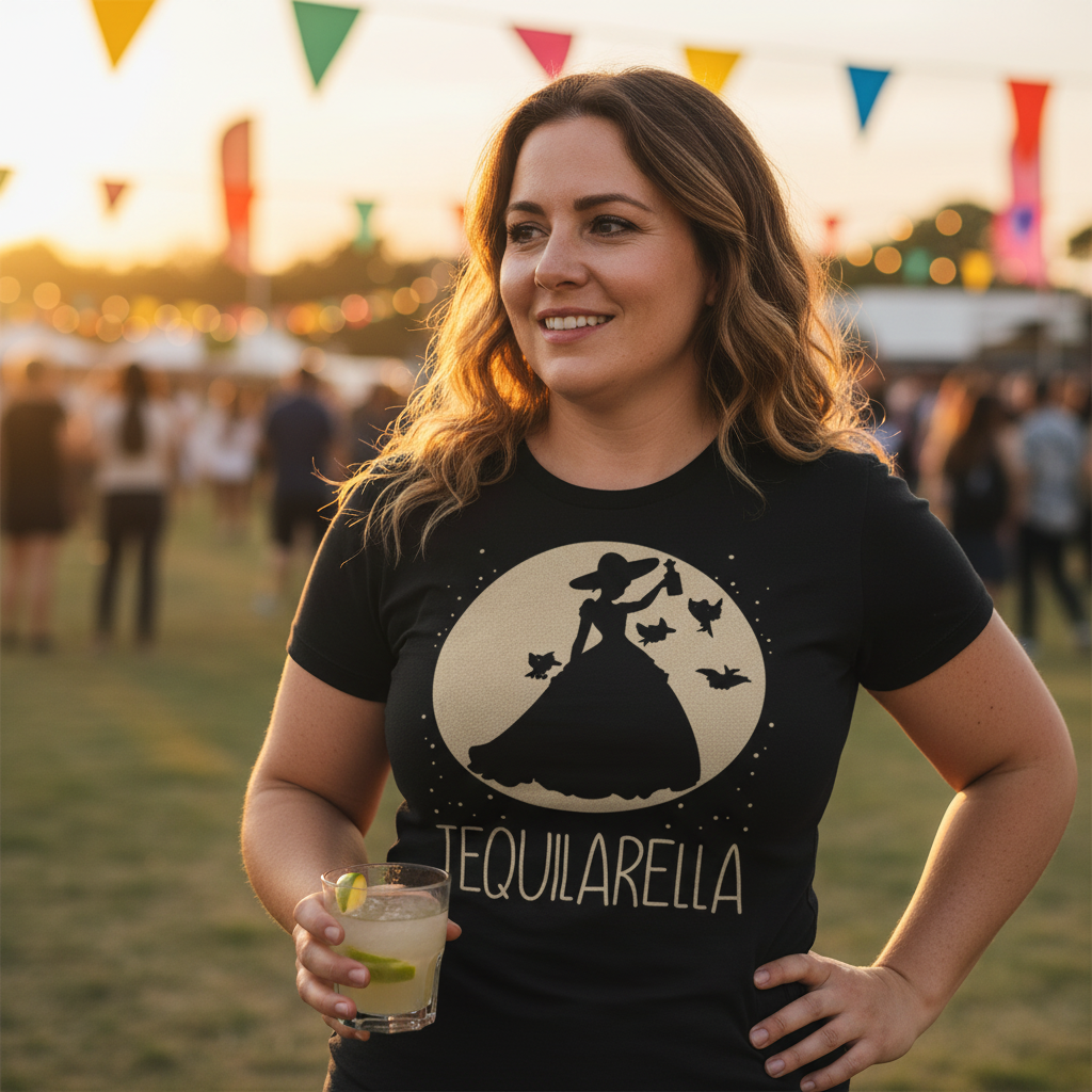 Eine Frau trägt das Tequilarella Shirt beim Festival Happy Hour und hält einen Cocktail