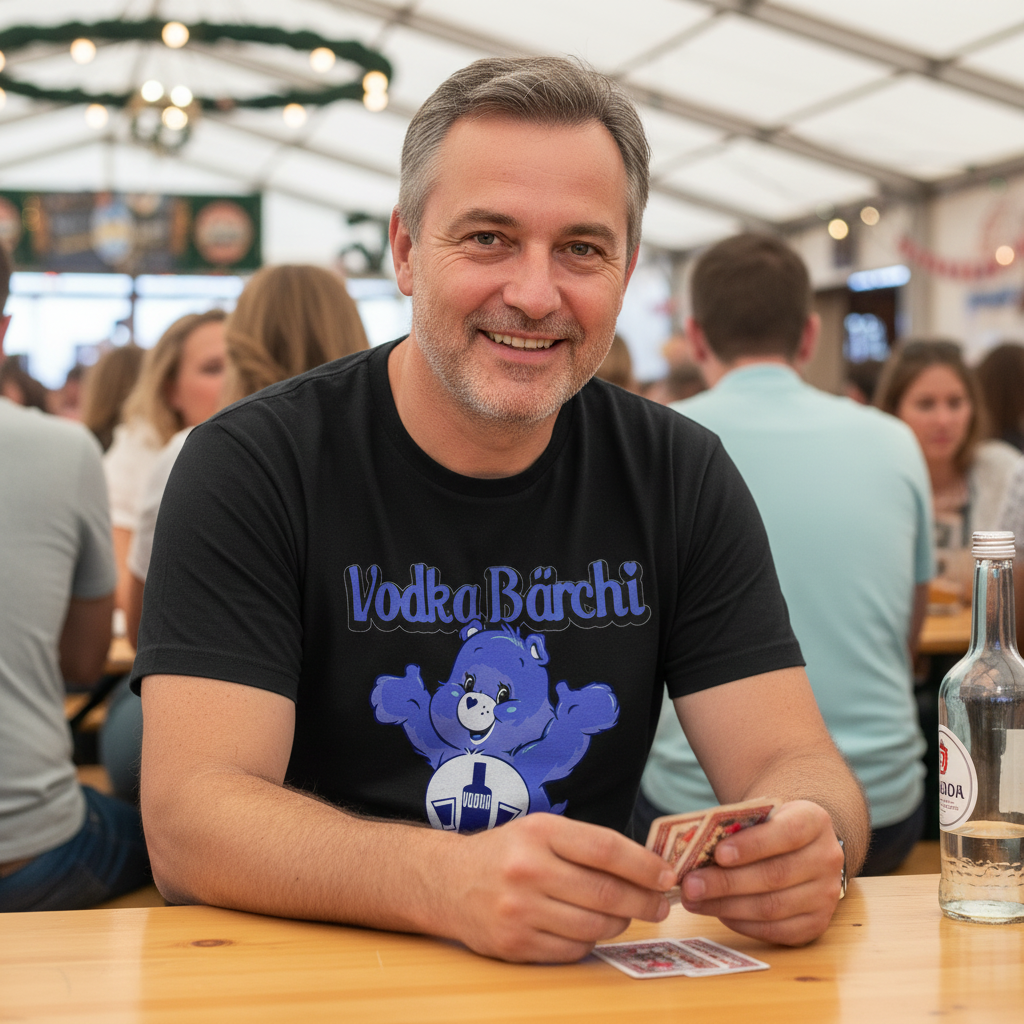 Kartenspielen am Volksfest mit Vodka Bärchi Shirt, Vodka-Flasche auf Holztisch, gesellige Festzelt-Stimmung