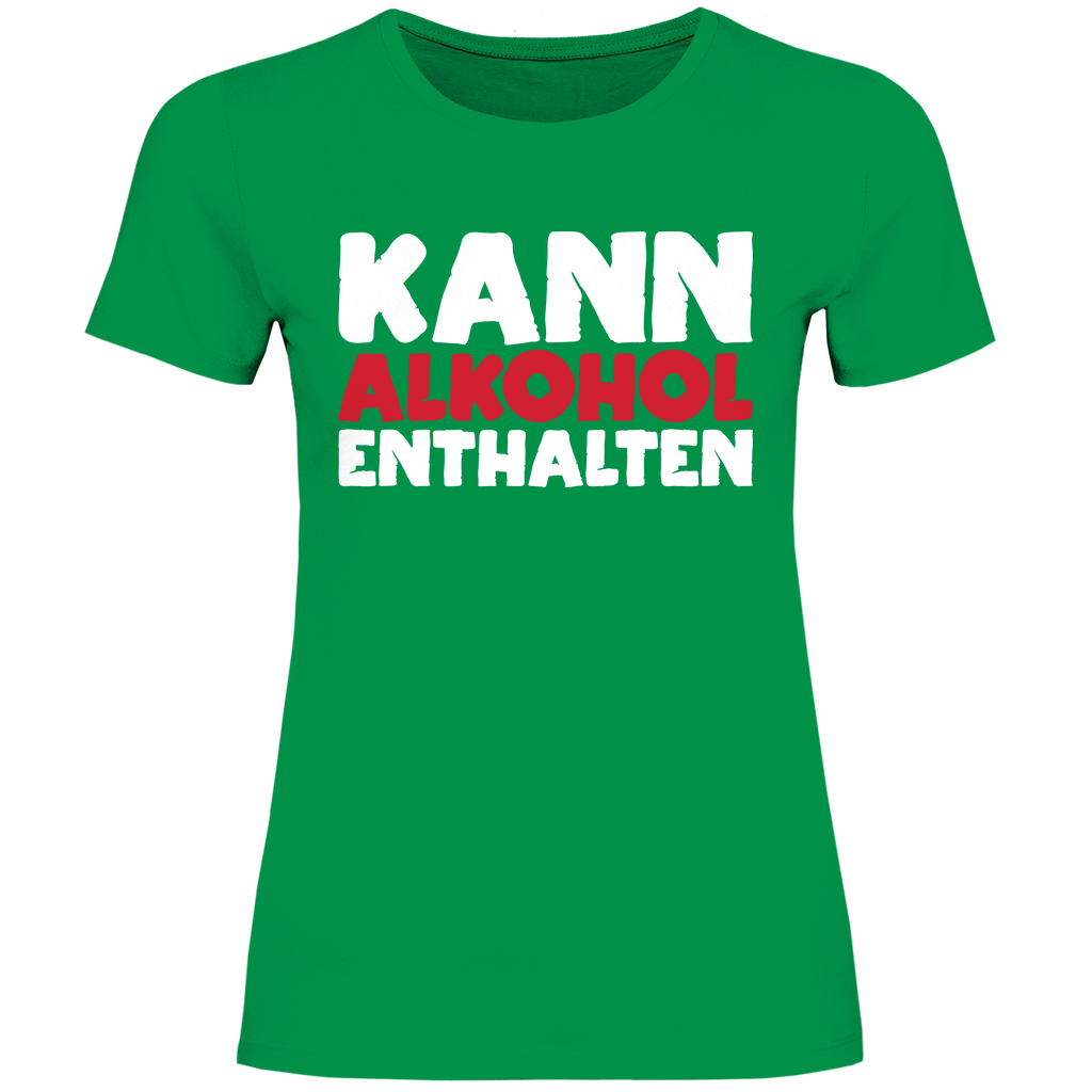Kelly Green Shirt Damen mit witzigem Wein Spruch KANN ALKOHOL ENTHALTEN für Partys, Frontansicht