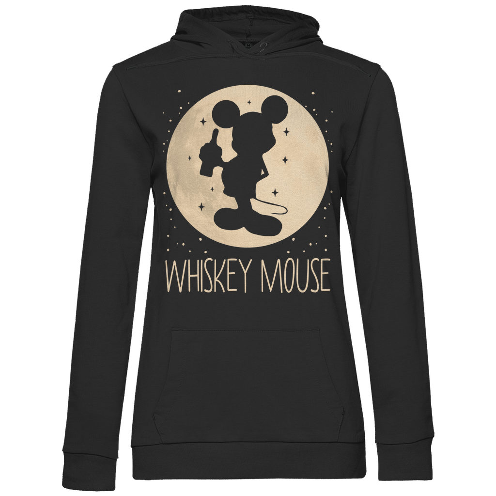 Schwarzer Damen Hoodie mit WHISKEY MOUSE Design Mond Prinzessin und Whiskeyglas, Frontansicht