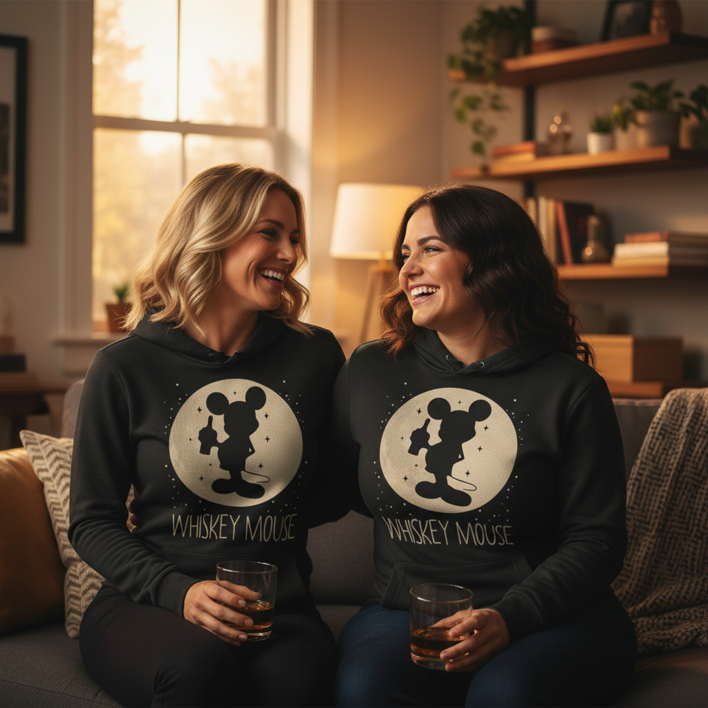 Zwei Frauen tragen den WHISKEY MOUSE Hoodie im Partnerlook gemütlich auf dem Sofa mit Whiskeygläsern