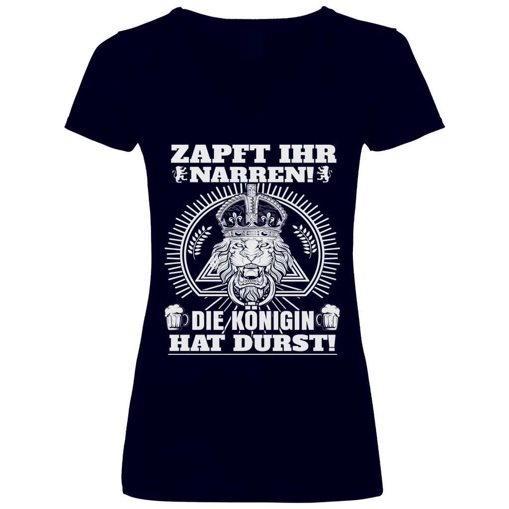 Dunkelblaues T-Shirt Frauen mit ZAPFT IHR NARREN DIE KÖNIGIN HAT DURST Bier Design witzig, Frontansicht
