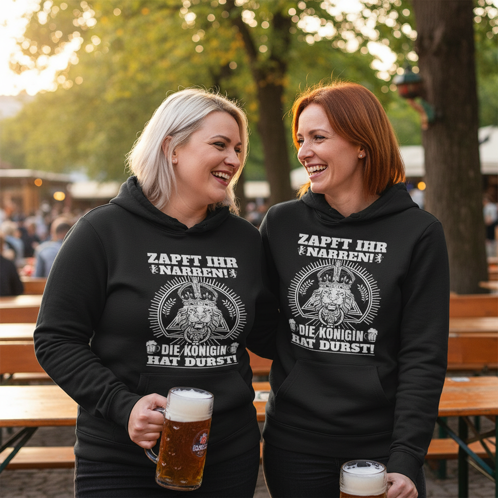 Zwei Frauen tragen den Zapft ihr Narren Hoodie im Biergarten und halten Biergläser