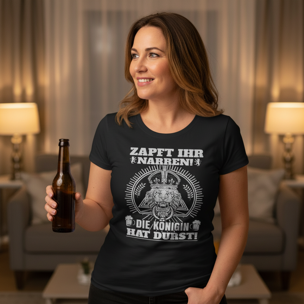 Eine Frau trägt das Zapft ihr Narren Königin Shirt beim Mädelsabend in der Hausparty mit Bier