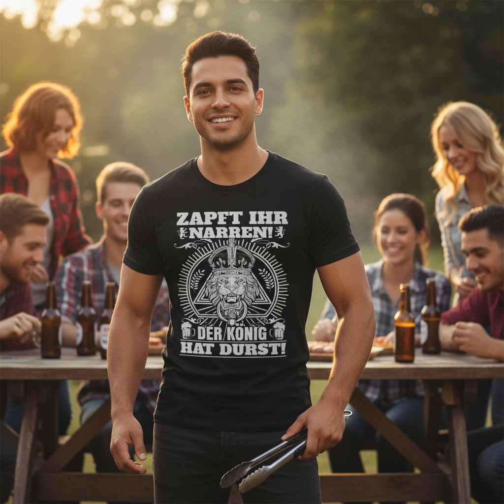 Ein Mann trägt das ZAPFT IHR NARREN Shirt beim Grillabend im Garten mit Freunden im Hintergrund