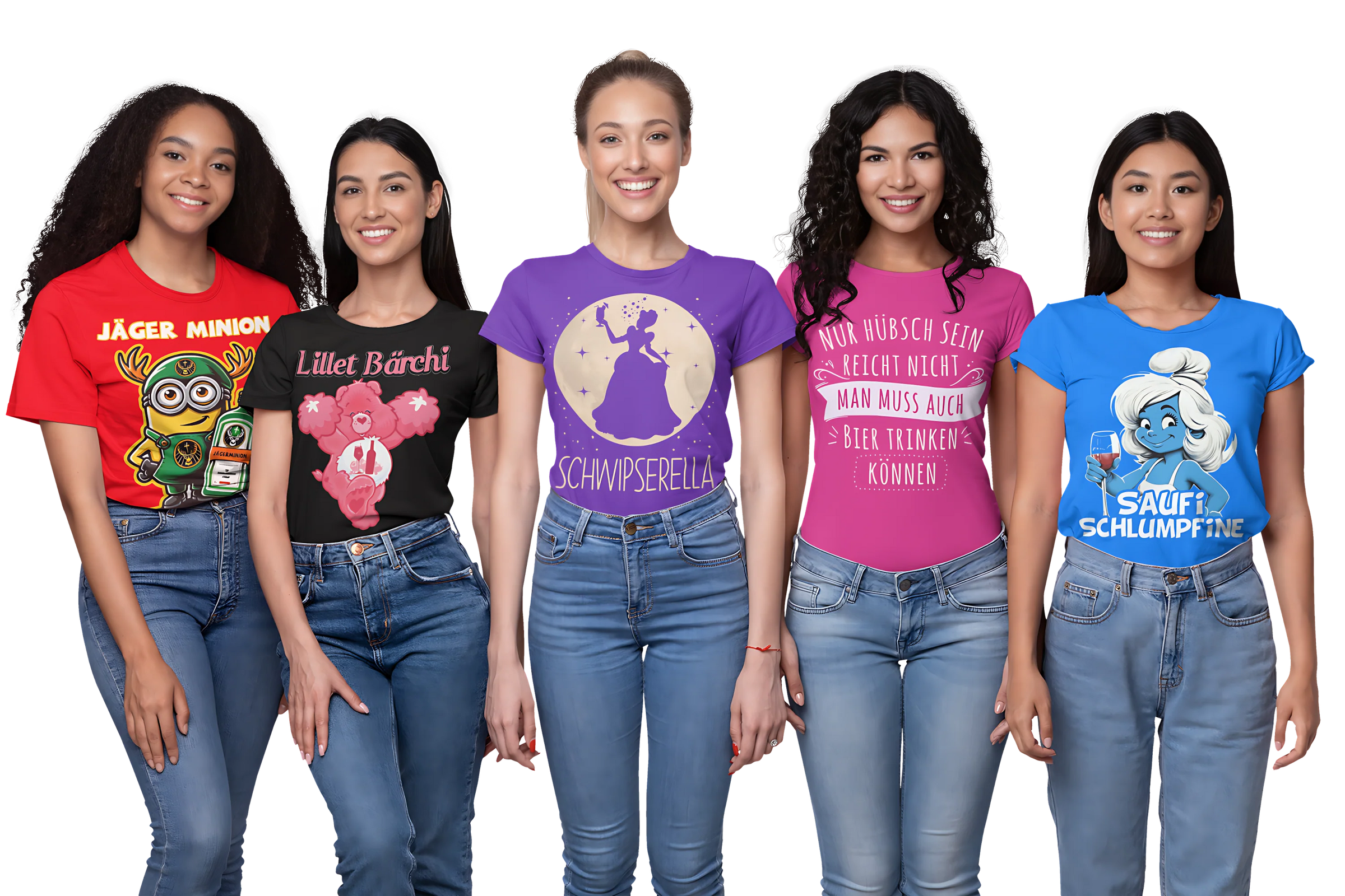 Fünf Freundinnen mit lustigen und diversen Vivalabavaria T-Shirts