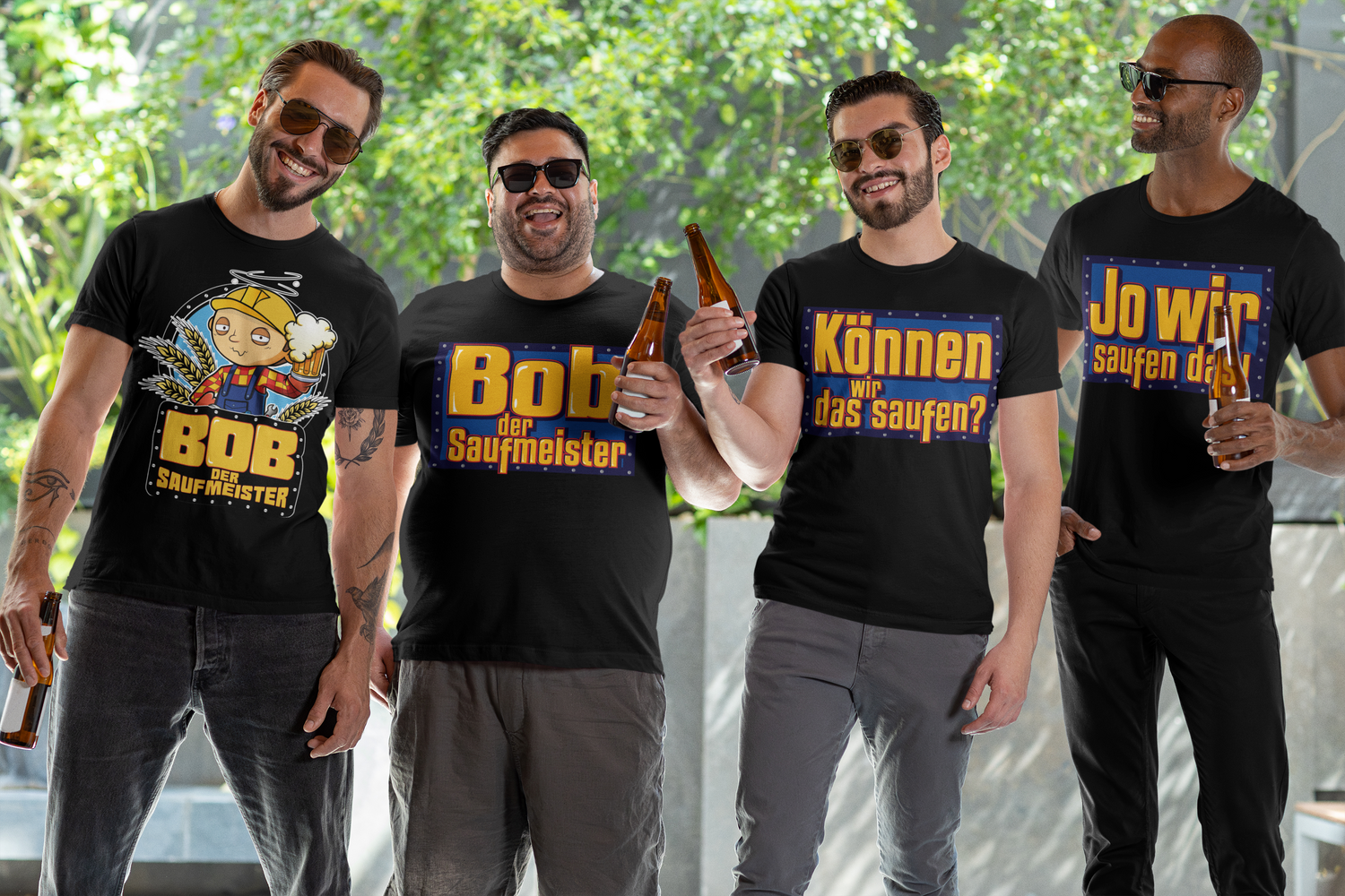 Vier Männer mit Bob der Baumeister Saufmeister Shirts