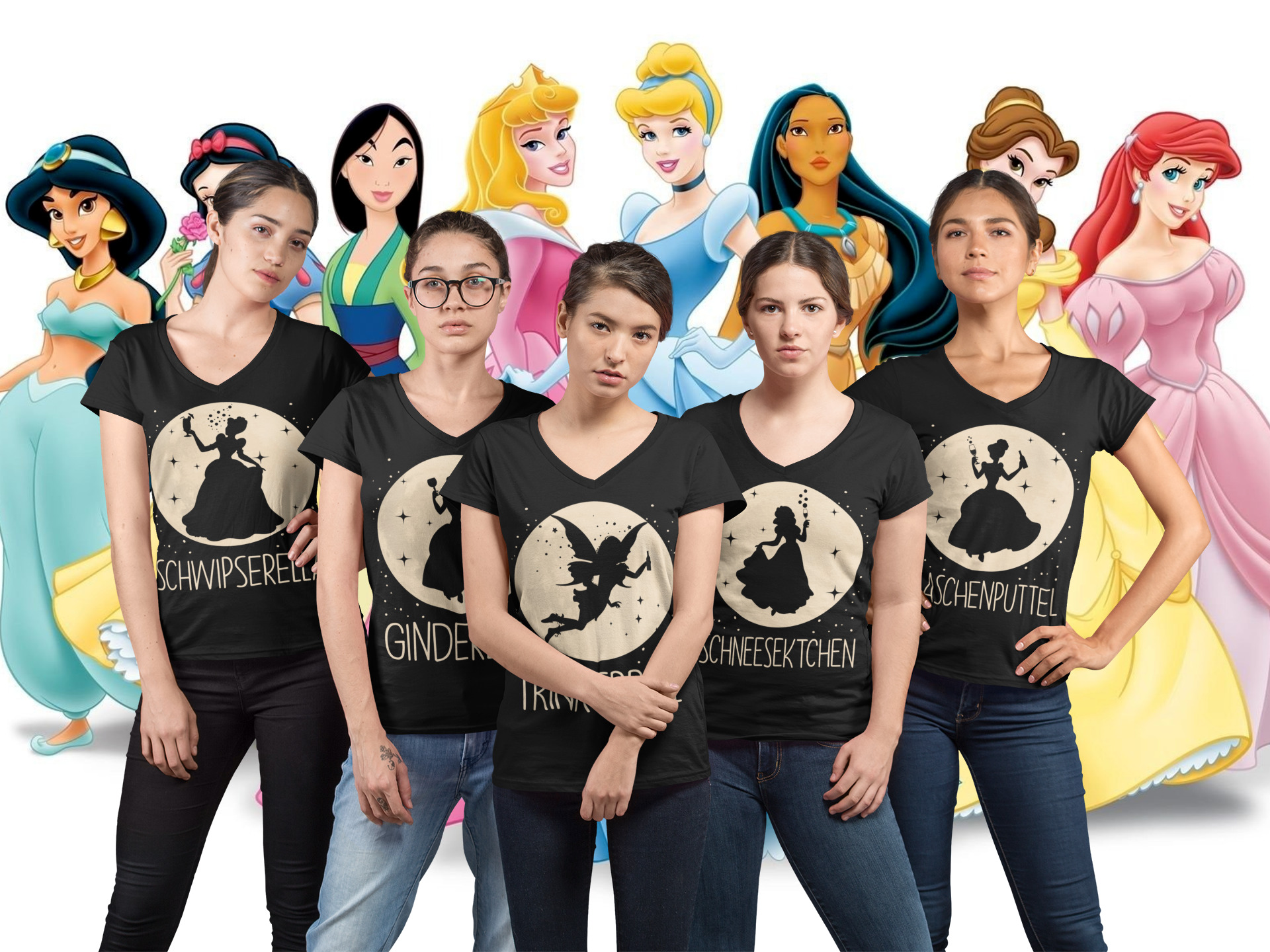 5 Freundinnen mit Disney Prinzessinnen V-Ausschnitt Shirts