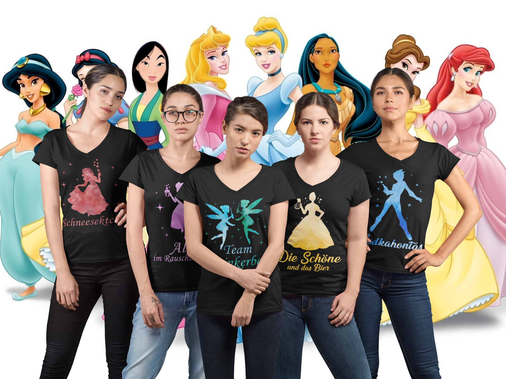 5 Freunde mit aquarell Prinzessinnen Shirts