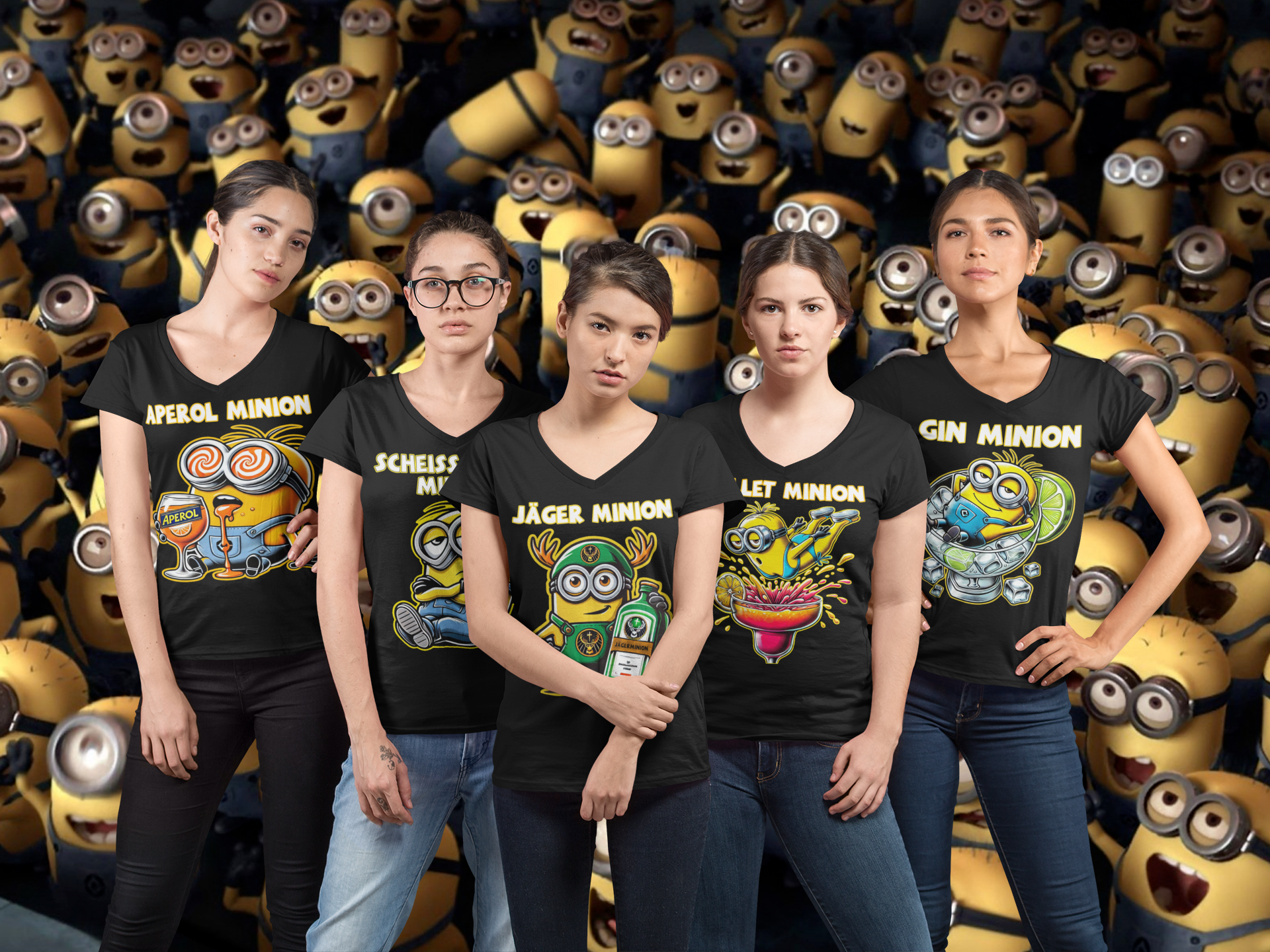 Frauen posen vor einer Horde Minions mit Minion Alkohol Shirts