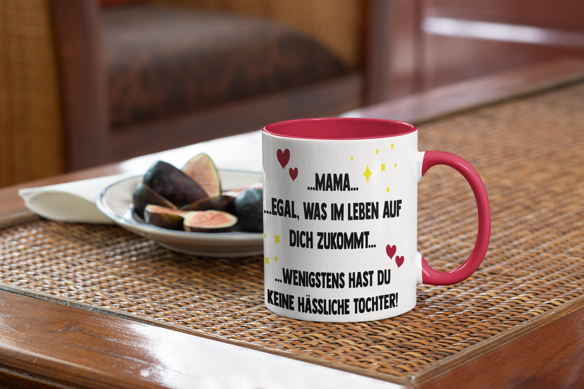Muttertagstasse mit farbigen Henkel und lustigen Druck