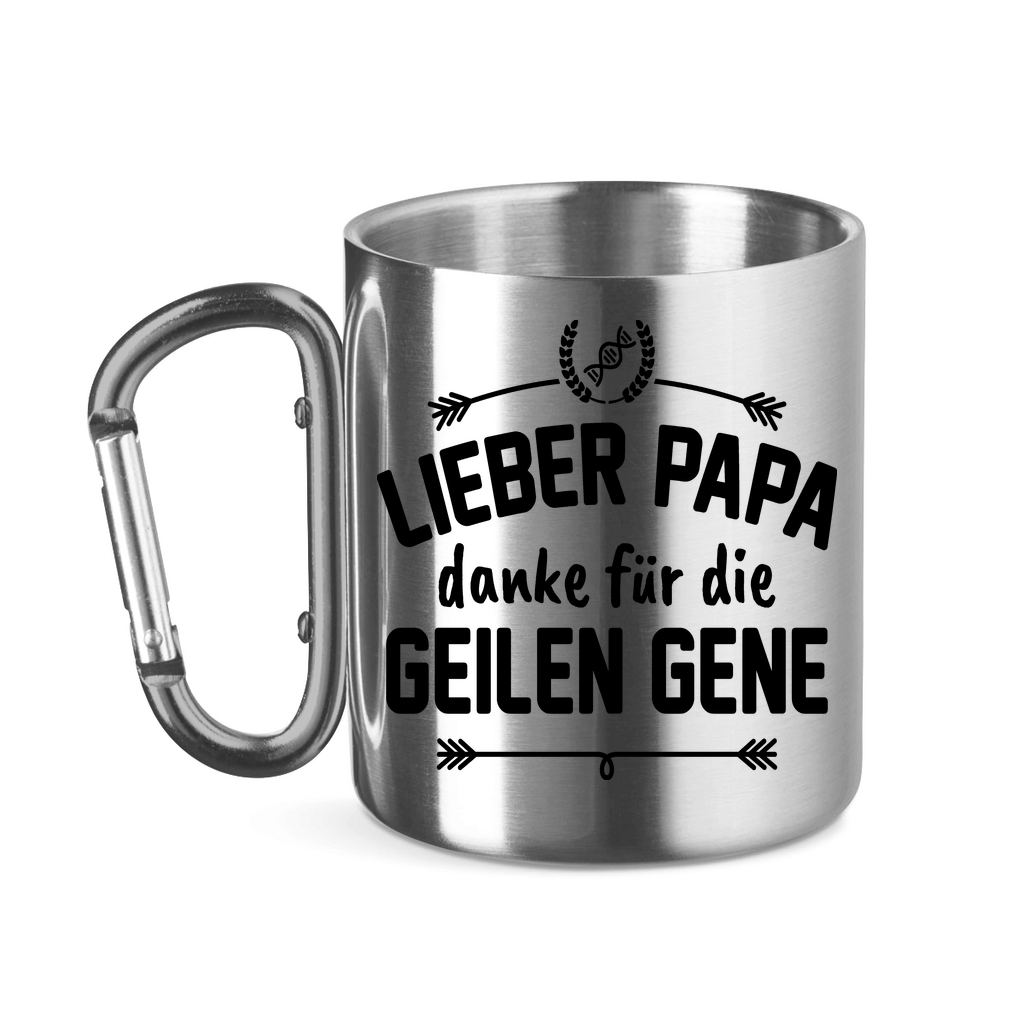 Lieber Papa danke für die geilen Gene - Edelstahltasse mit Karabinergriff Silver 320 ml