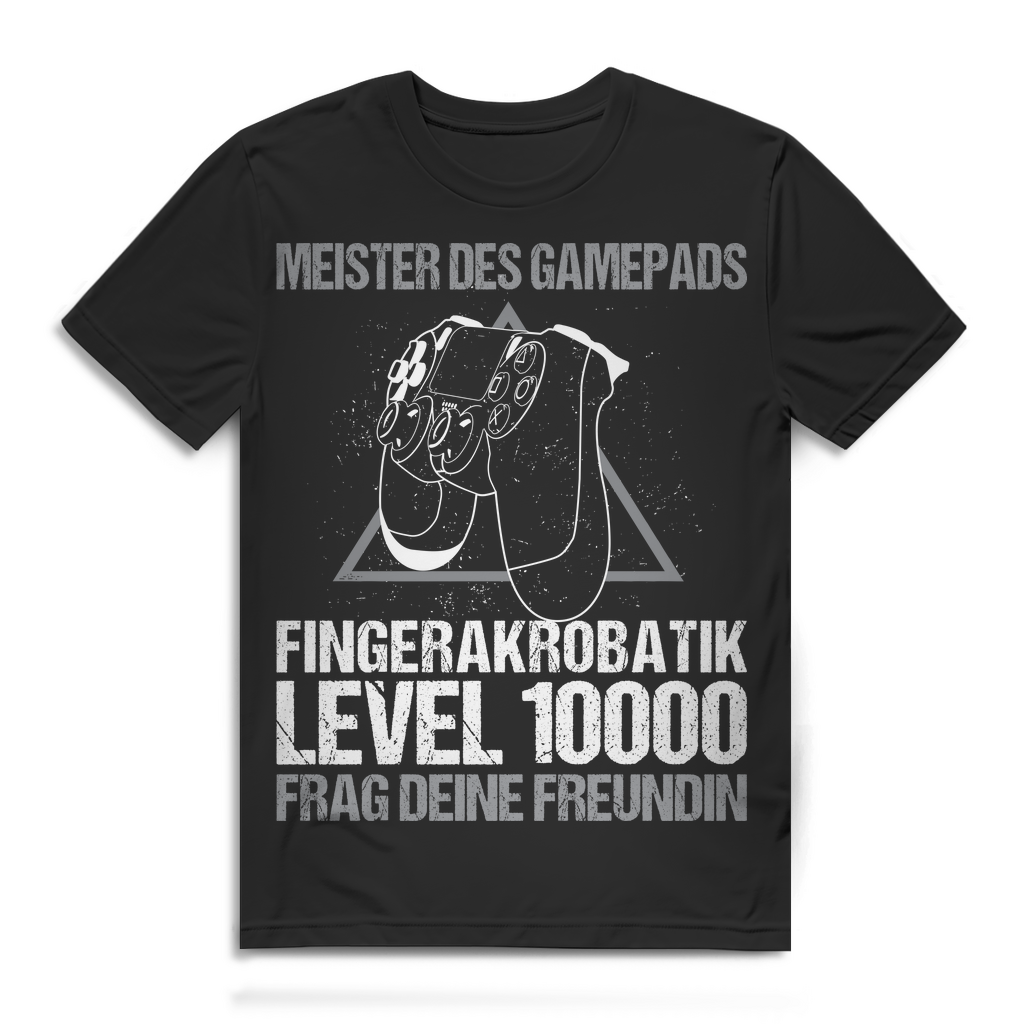 Herren T-Shirt Meister des Gamepads Fingerakrobatik Level 10000 Bio Baumwolle Black