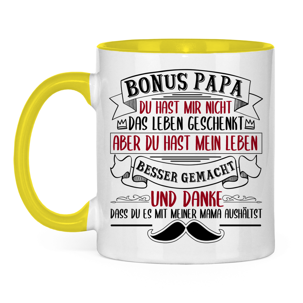 Bonus Papa danke dass du es mit meiner Mama aushältst - Tasse zweifarbig Yellow