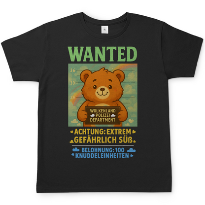 Herren T-Shirt Wanted Glücksbärchi Wolkenland Extrem Gefährlich Süß Black