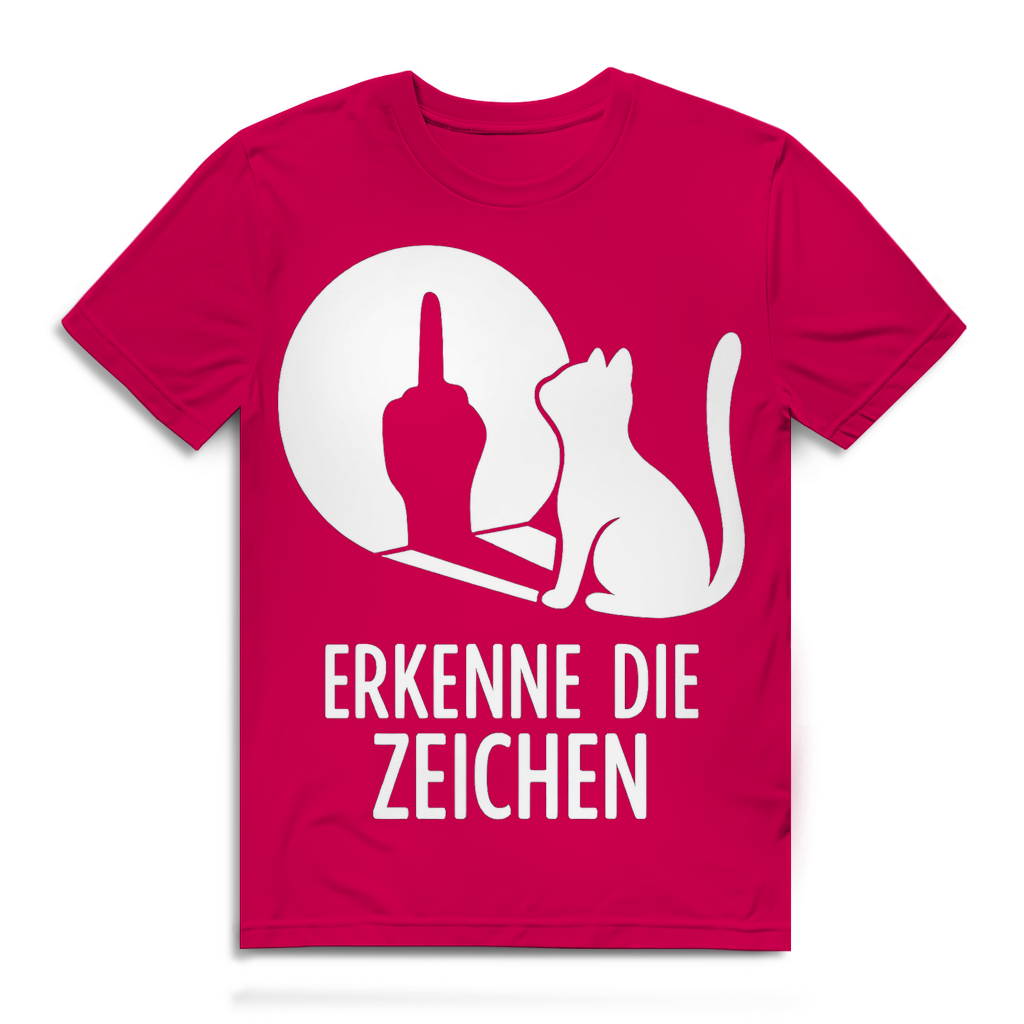 Herren Premium Bio T-Shirt Erkenne Die Zeichen Katze Katzenliebhaber Fuchsia