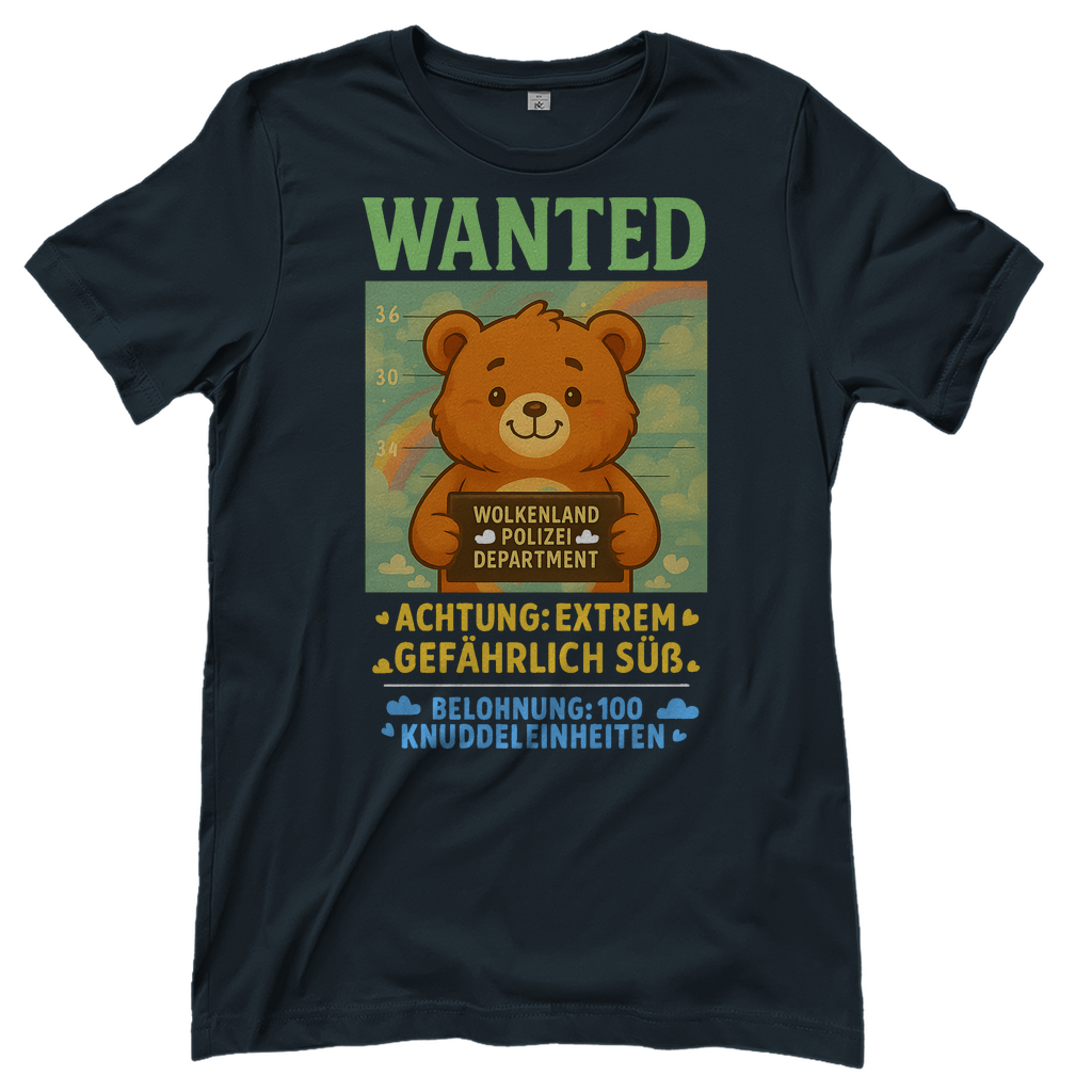 Damen T-Shirt Wanted Glücksbärchi Wolkenland Extrem Gefährlich Süß Dark Grey Solid