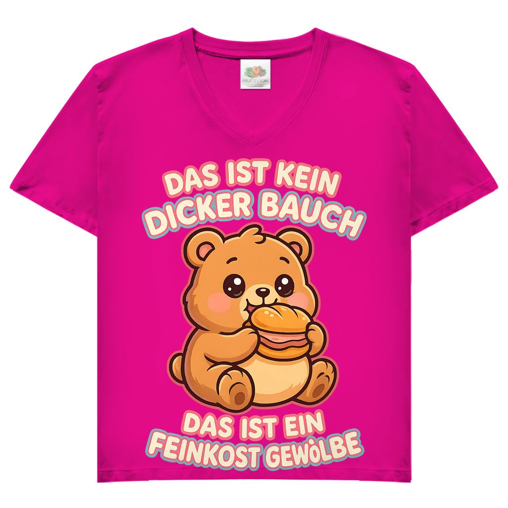 Damen V-Neck T-Shirt Das Ist Kein Dicker Bauch Das Ist Ein Feinkost Gewölbe Teddybär Fuchsia