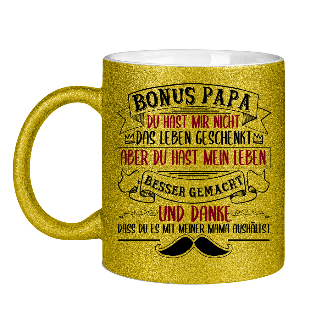 Bonus Papa danke dass du es mit meiner Mama aushältst - Glitzertasse Gold Glitter One size