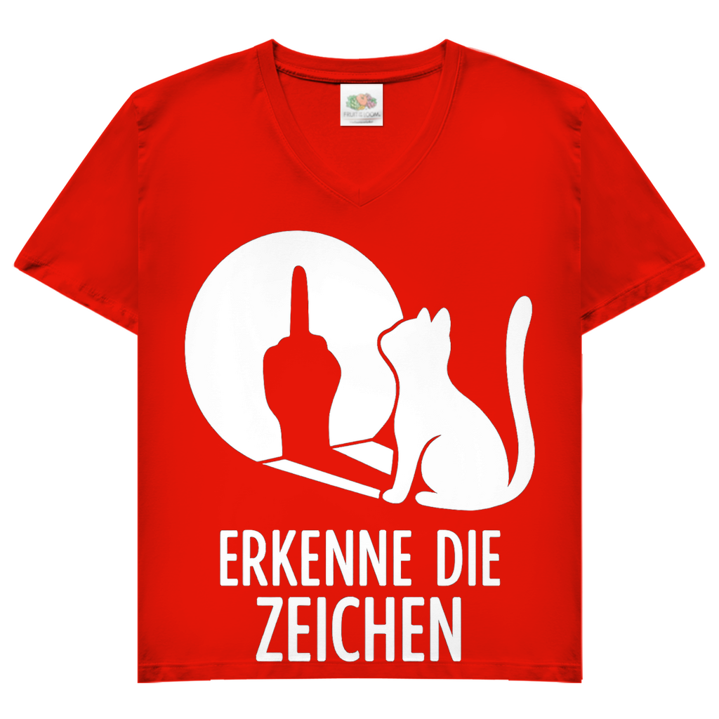 Damen V-Neck T-Shirt Erkenne Die Zeichen Katze Mittelfinger Red