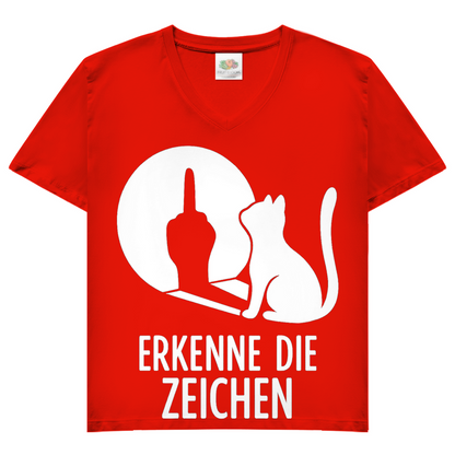 Damen V-Neck T-Shirt Erkenne Die Zeichen Katze Mittelfinger Red