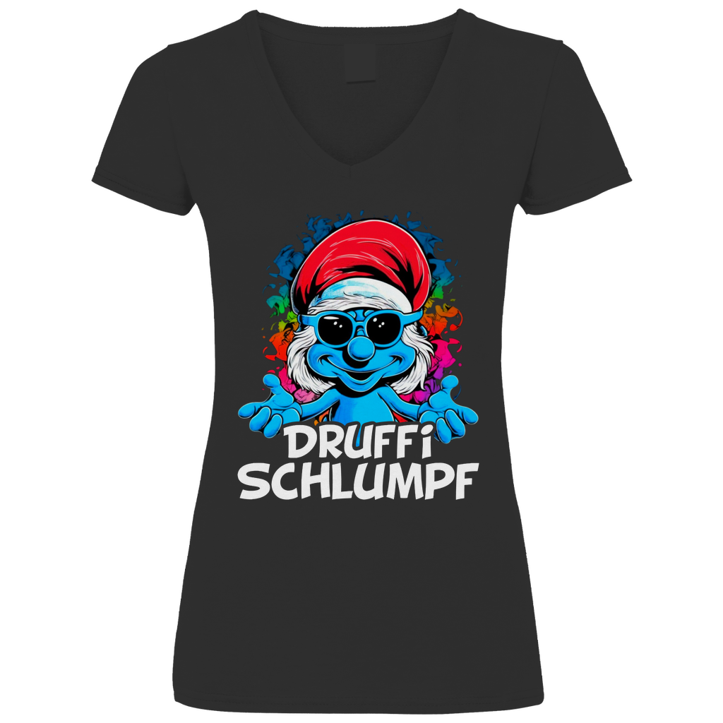 Druffi Schlumpf Grafik - V-Neck Damenshirt Black