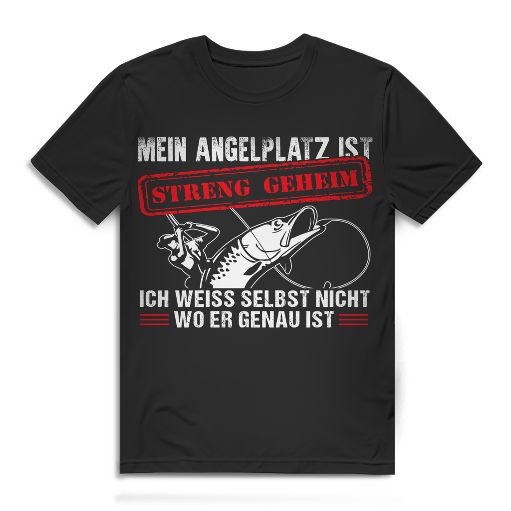 Geheimer Angelplatz Herren T‑Shirt – Petri‑Heil Motto für passionierte Angler Black