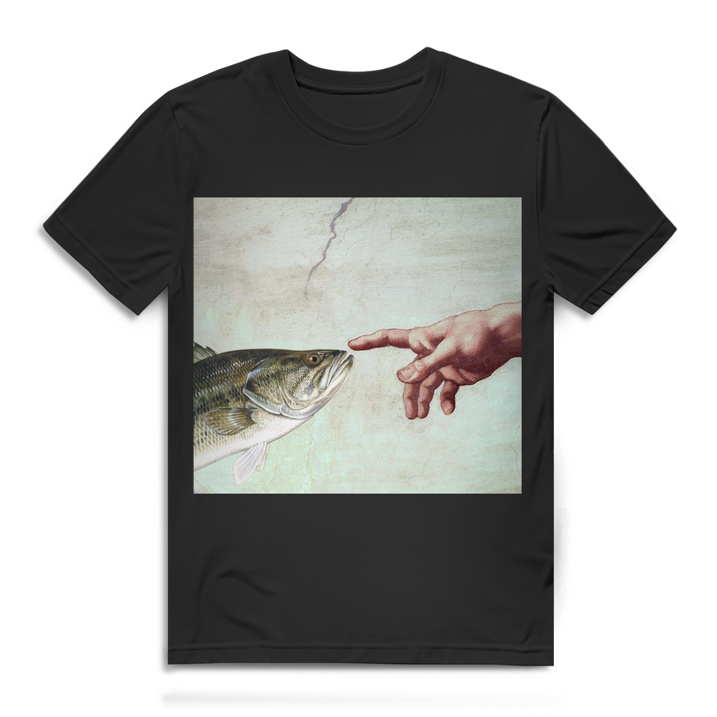 Lustiges Angelshirt Männer – Fisch berührt Gottes Hand Michelangelo Parodie