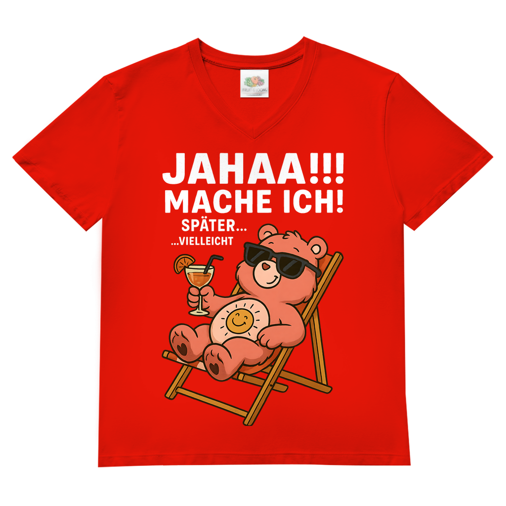 Herren V-Neck Shirt Jahaa Mache Ich Später Vielleicht Chill Bär Glücksbärchi Red