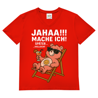 Herren V-Neck Shirt Jahaa Mache Ich Später Vielleicht Chill Bär Glücksbärchi Red
