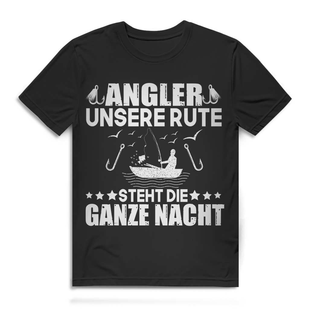 Lustiges Angel Spruch Shirt unsere Rute steht die ganze Nacht Herren Angler Fun Black