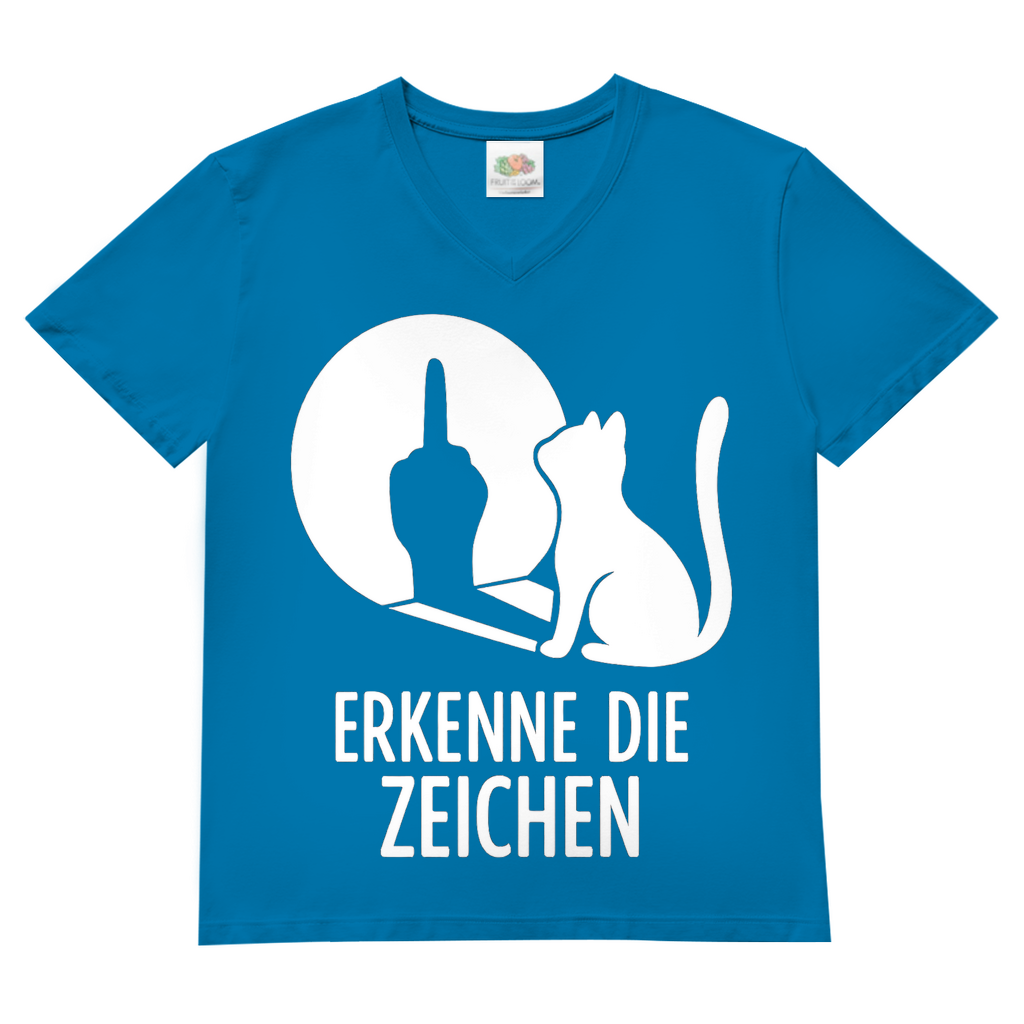 Herren V-Neck T-Shirt Erkenne Die Zeichen Katze Katzenliebhaber Azure Blue