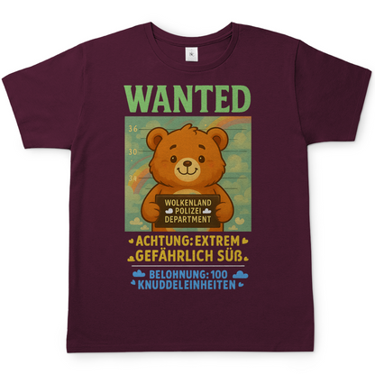 Herren T-Shirt Wanted Glücksbärchi Wolkenland Extrem Gefährlich Süß Burgundy