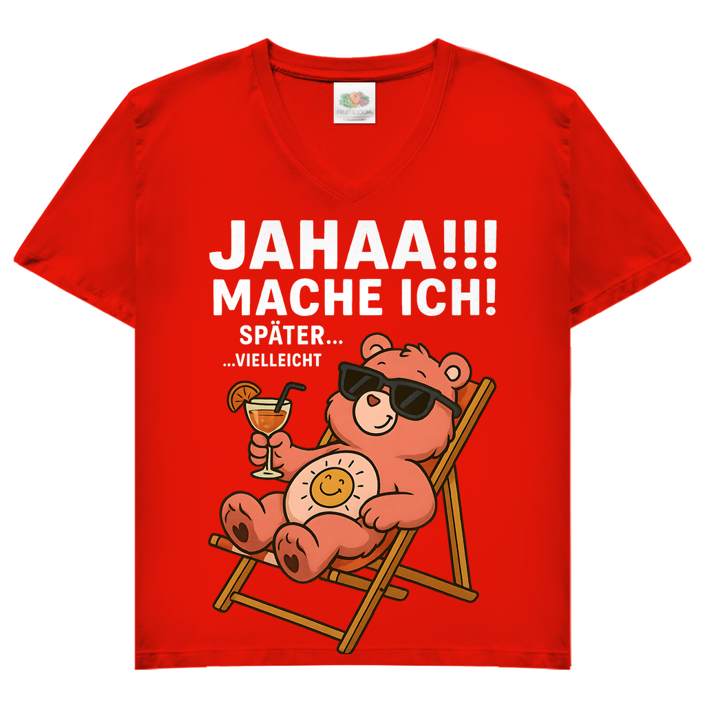 Damen V-Neck Shirt Jahaa Mache Ich Später Vielleicht Chill Bär Glücksbärchi Red