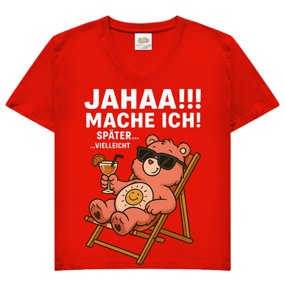 Damen V-Neck Shirt Jahaa Mache Ich Später Vielleicht Chill Bär Glücksbärchi Red