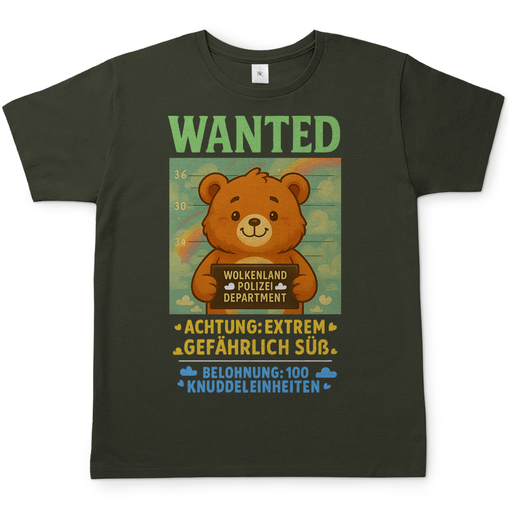 Herren T-Shirt Wanted Glücksbärchi Wolkenland Extrem Gefährlich Süß Urban Khaki