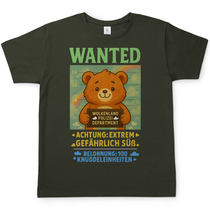 Herren T-Shirt Wanted Glücksbärchi Wolkenland Extrem Gefährlich Süß Urban Khaki