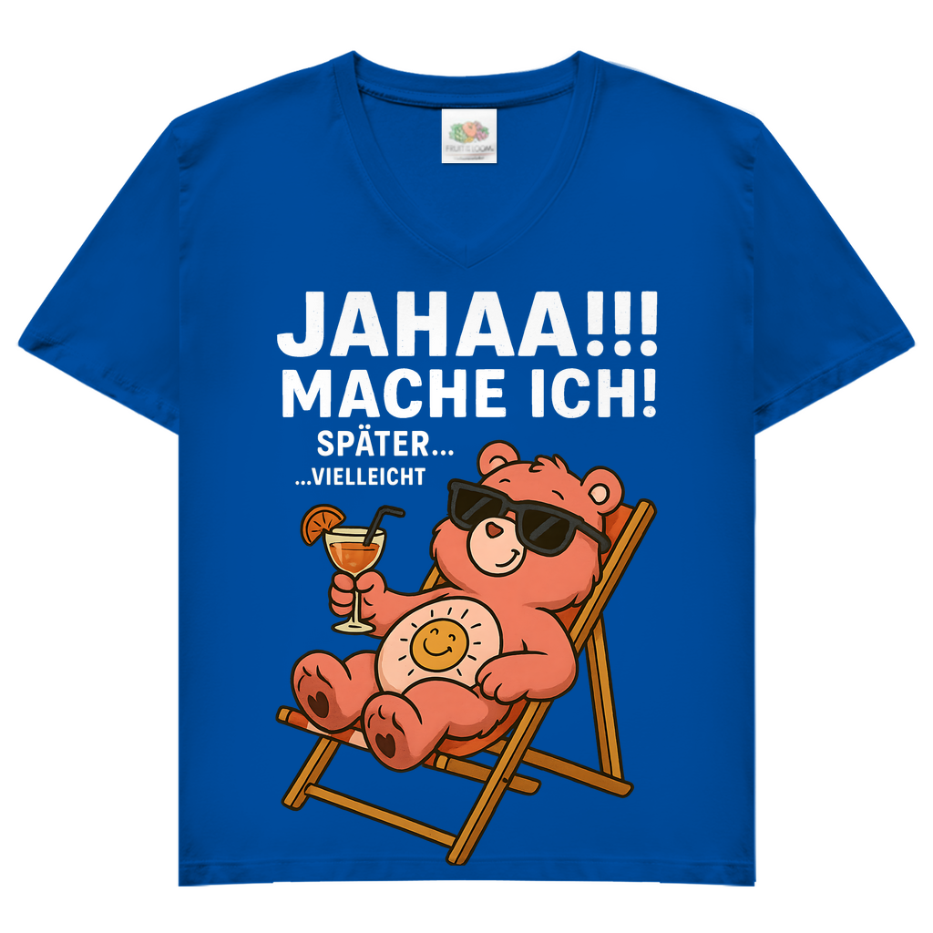 Damen V-Neck Shirt Jahaa Mache Ich Später Vielleicht Chill Bär Glücksbärchi Royal Blue