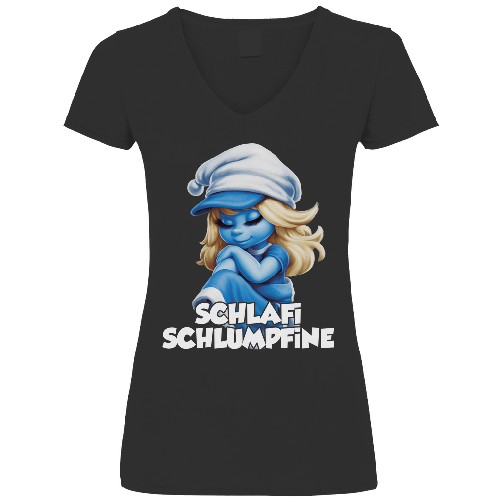 Schlafi Schlumpfine Grafik - V-Neck Damenshirt Black