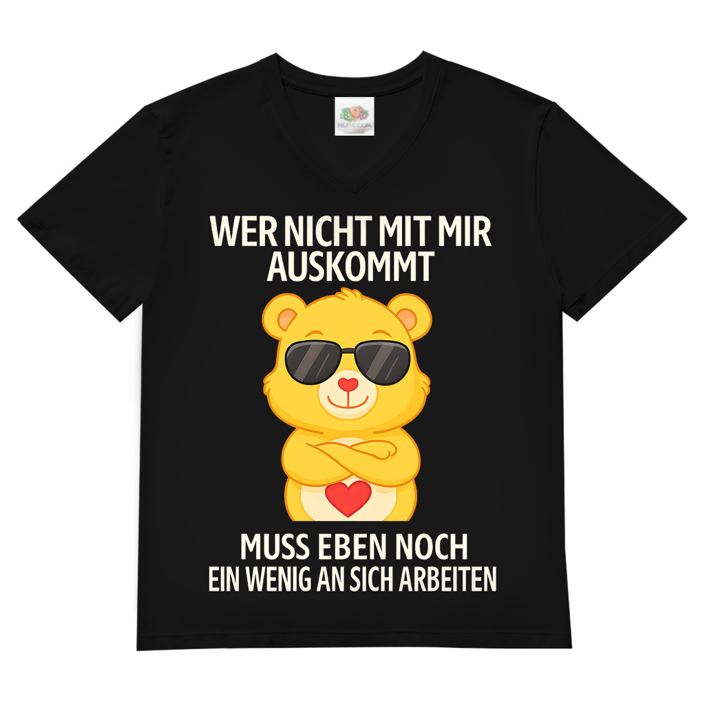 Herren V-Neck T-Shirt Wer nicht mit mir auskommt Glücksbärchi Bärchi Spruch Black