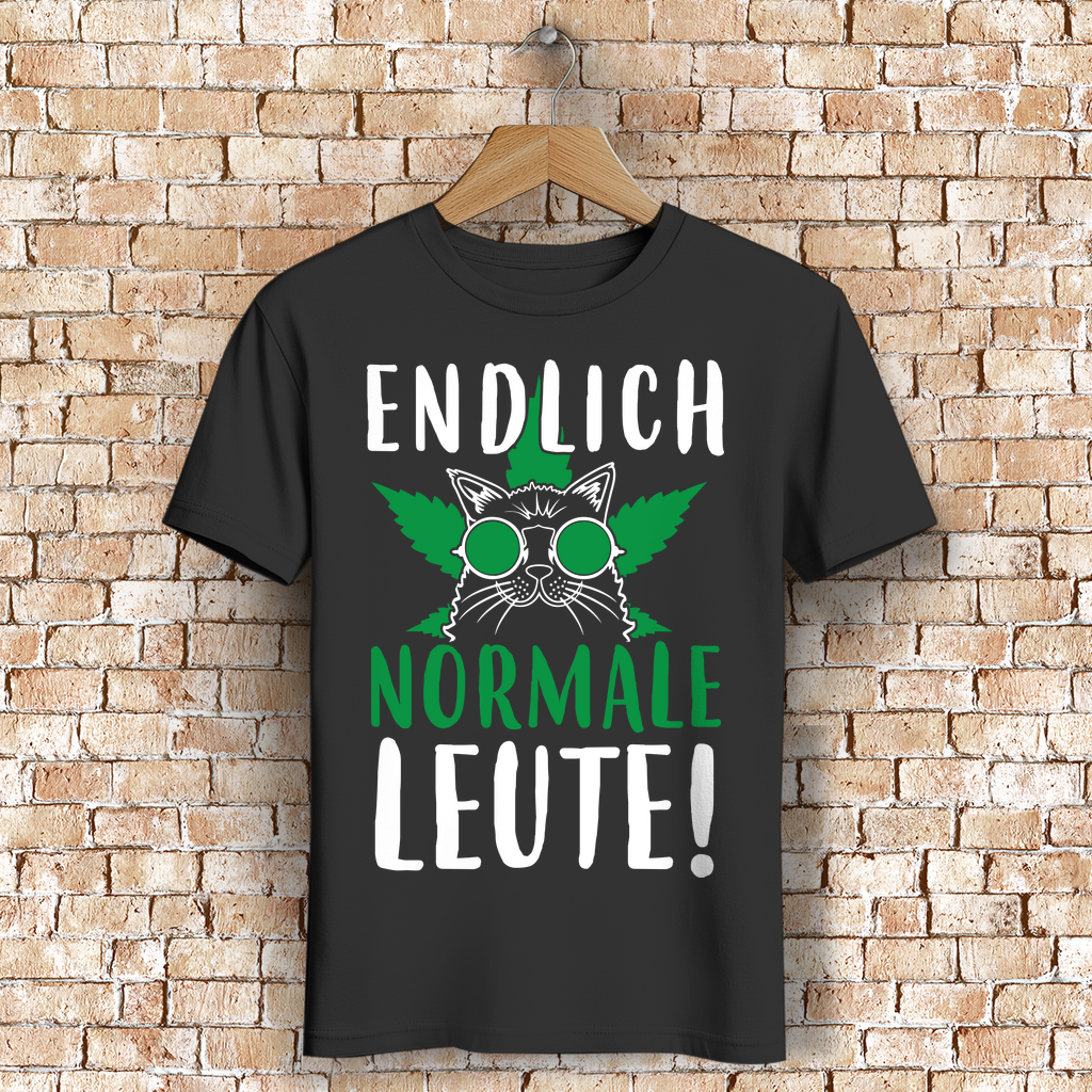 Herren T-Shirt Weed Katze – Endlich normale Leute – Kiffer Funshirt