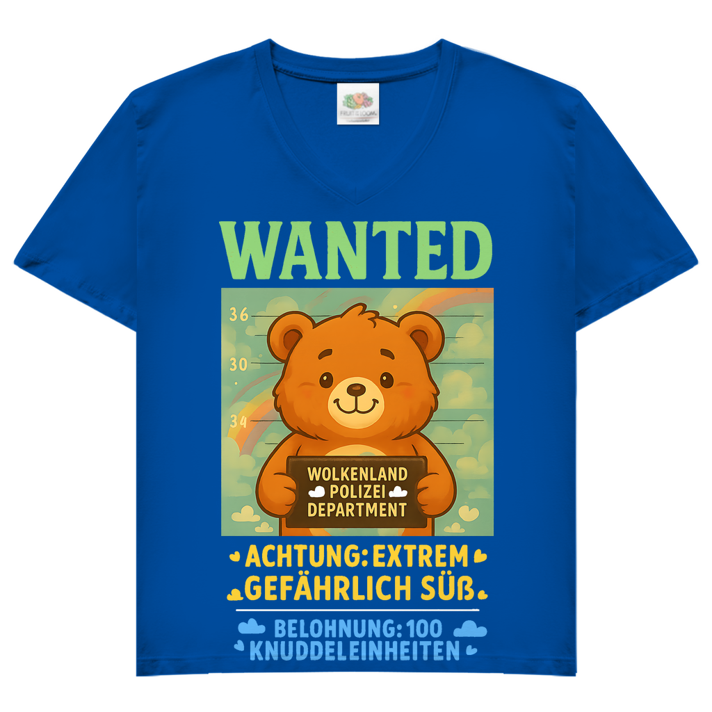 Damen V-Neck T-Shirt Wanted Glücksbärchi Wolkenland Extrem Gefährlich Süß Royal Blue