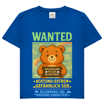 Damen V-Neck T-Shirt Wanted Glücksbärchi Wolkenland Extrem Gefährlich Süß Royal Blue