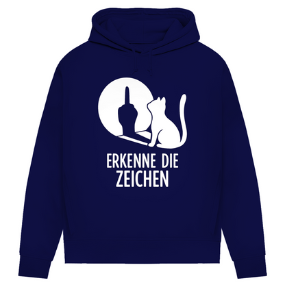 Damen Premium Bio Hoodie Erkenne Die Zeichen Katze Mittelfinger Navy Blue