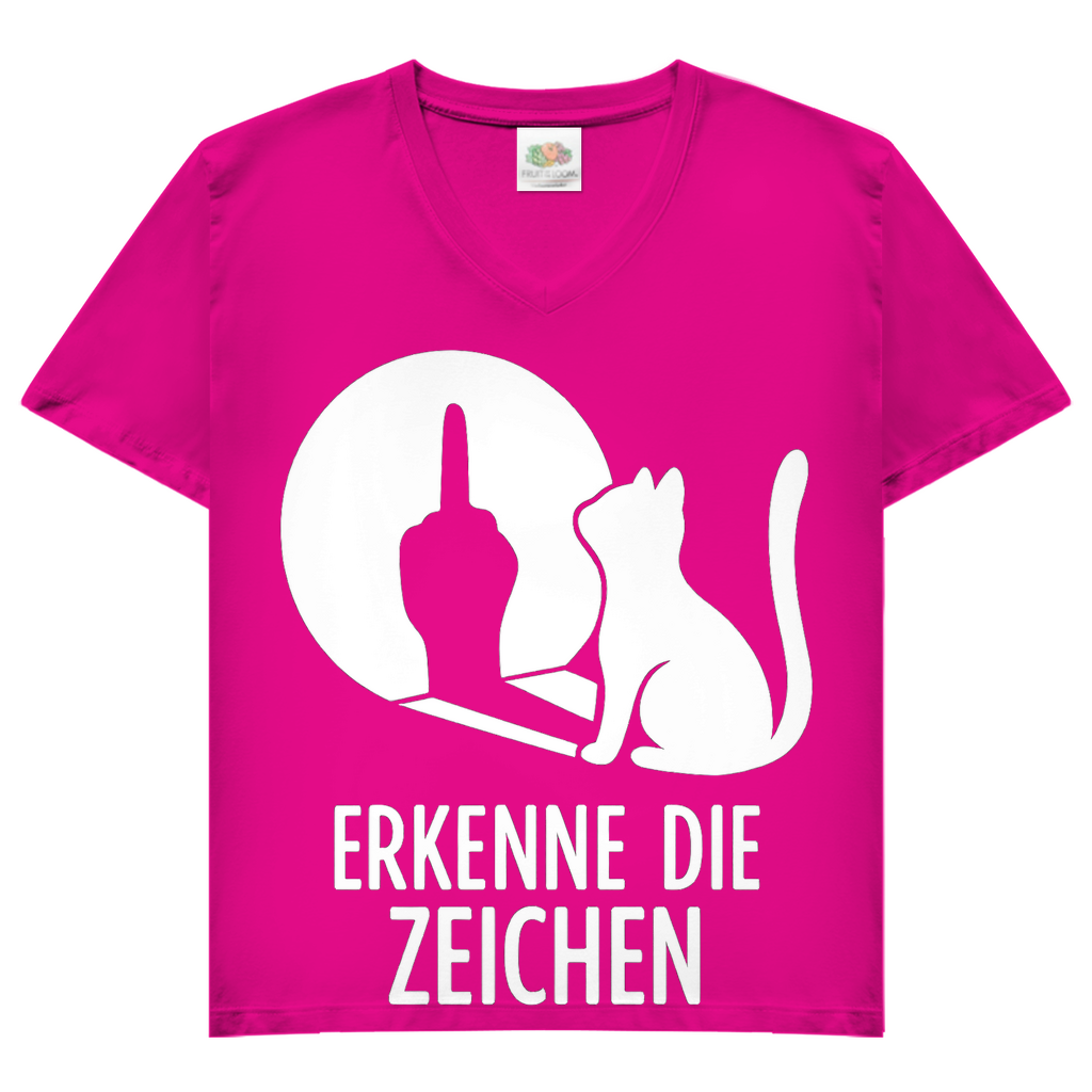 Damen V-Neck T-Shirt Erkenne Die Zeichen Katze Mittelfinger Fuchsia